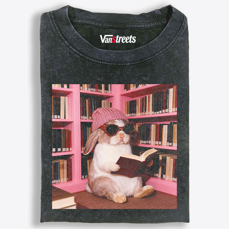 Bunny Bookish Rabbit Retro Washed T-Shirt | 100% Cotton | Streetwear Essential