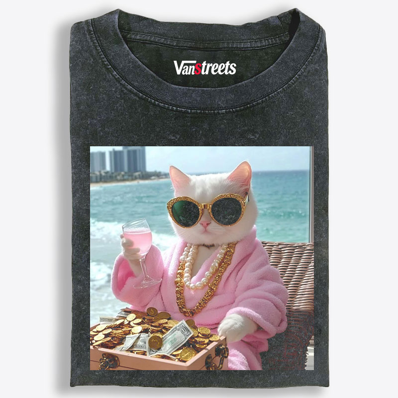 Rich Cat Millionaire Beach Lifestyle Retro Washed T-Shirt | 100% Cotton | Streetwear Essential