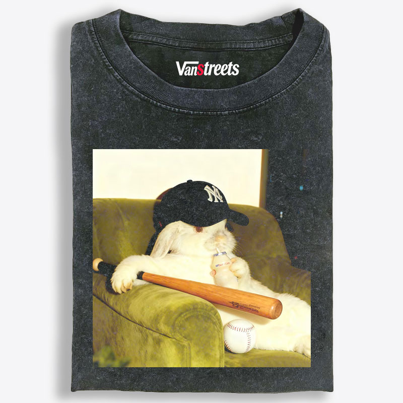 Baseball Rabbit With Bat NY Yankees Retro Washed T-Shirt | 100% Cotton | Streetwear Essential