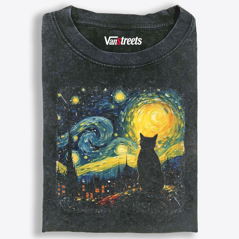 Van Gogh Starry Night CatRetro Washed T-Shirt | 100% Cotton | Streetwear Essential
