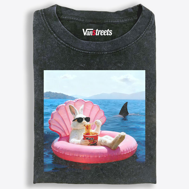 Bunny Eating Ramen With Shark Retro Washed T-Shirt | 100% Cotton | Streetwear Essential
