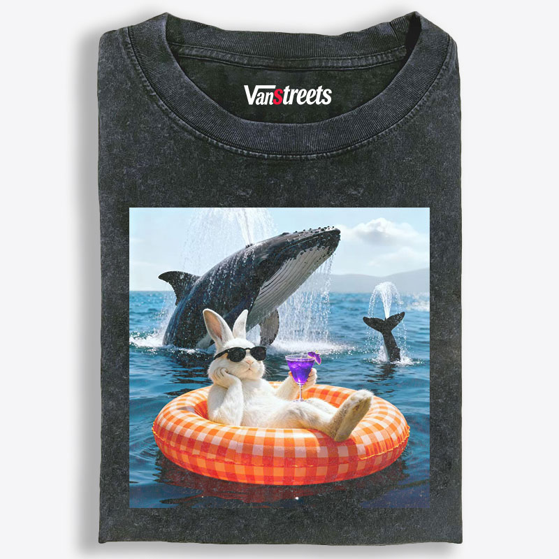Bunny Drinking Cocktail With Whale Retro Washed T-Shirt | 100% Cotton | Streetwear Essential