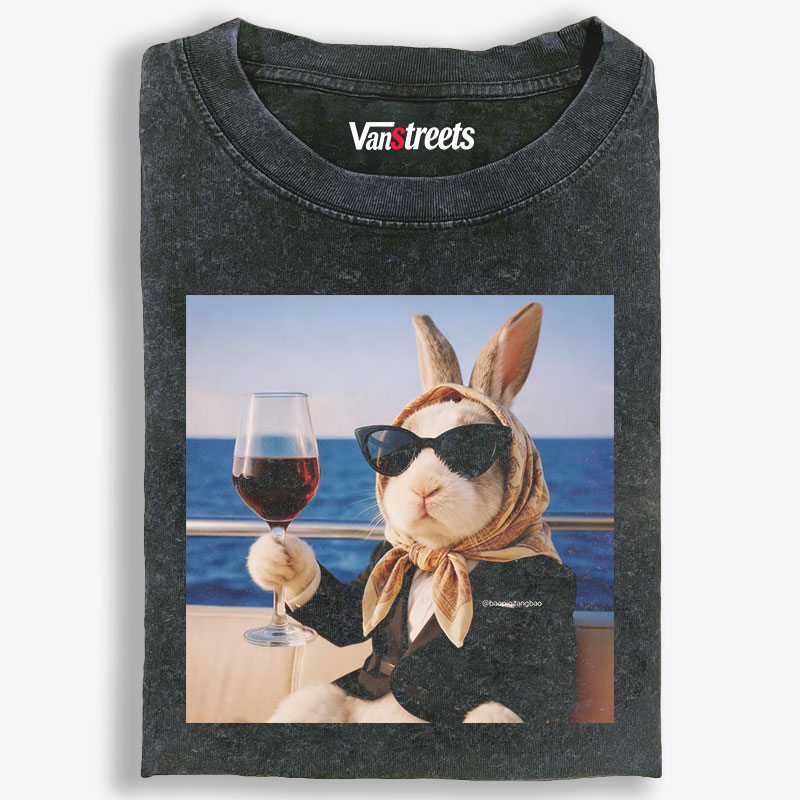 Rich Bunny Drinking Wine On Yacht Retro Washed T-Shirt | 100% Cotton | Streetwear Essential