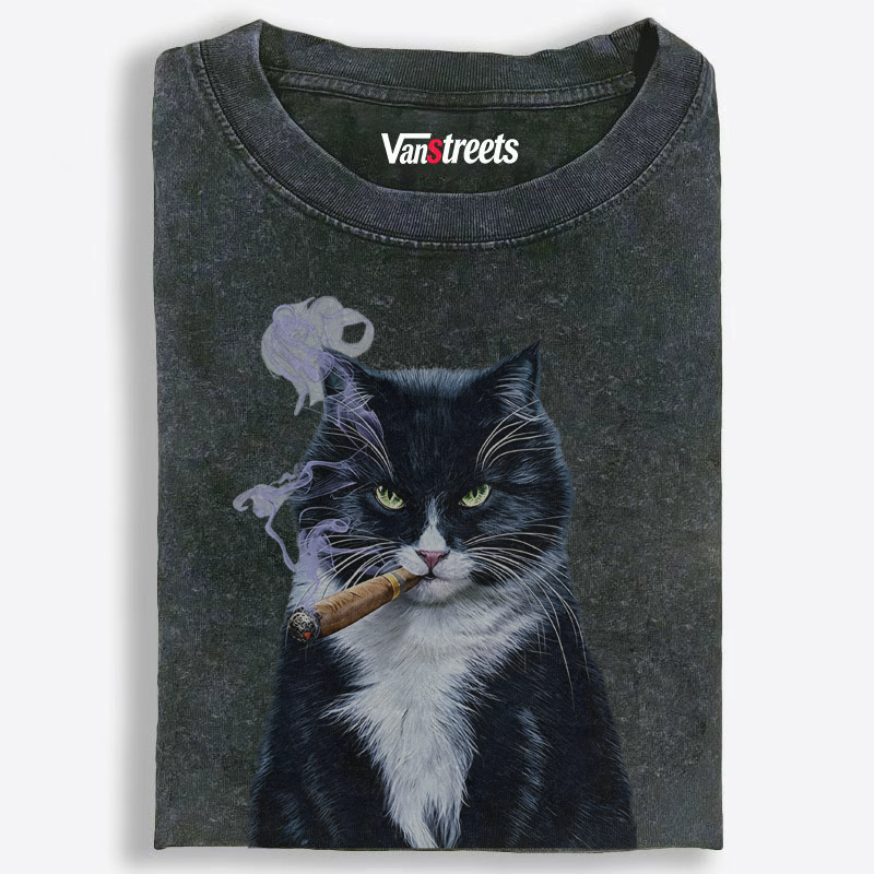 Mr. Cigar Cat Retro Washed T-Shirt | 100% Cotton | Streetwear Essential