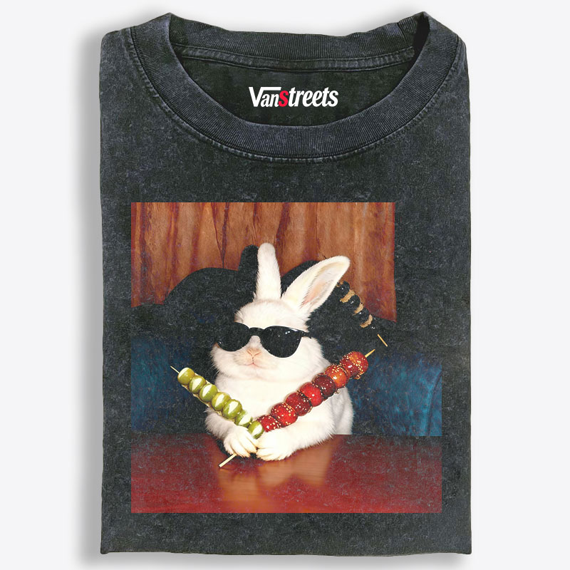 Rabbit Holding Candied Haws Sunglasses Retro Washed T-Shirt | 100% Cotton | Streetwear Essential