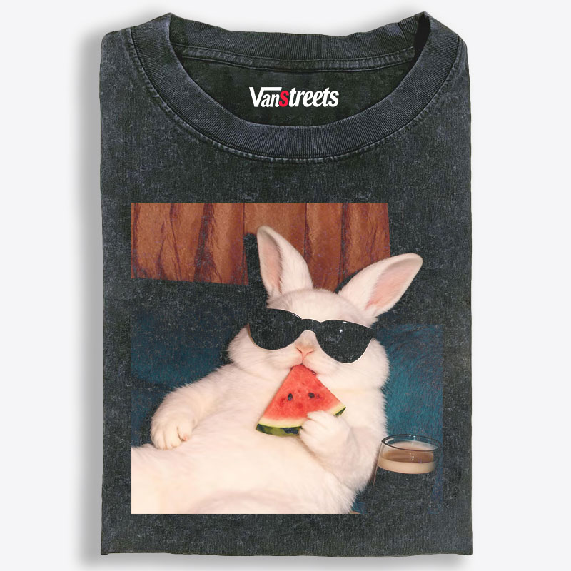 Rabbit Eating Watermelon Sunglasses Retro Washed T-Shirt | 100% Cotton | Streetwear Essential