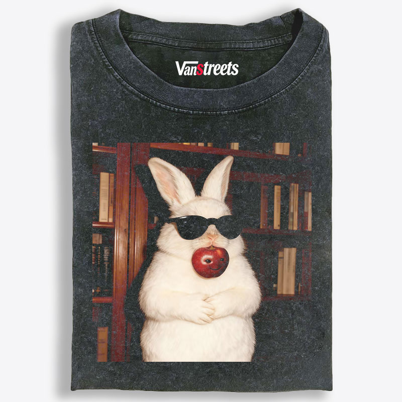 Rabbit Biting Apple Sunglasses Library Retro Washed T-Shirt | 100% Cotton | Streetwear Essential