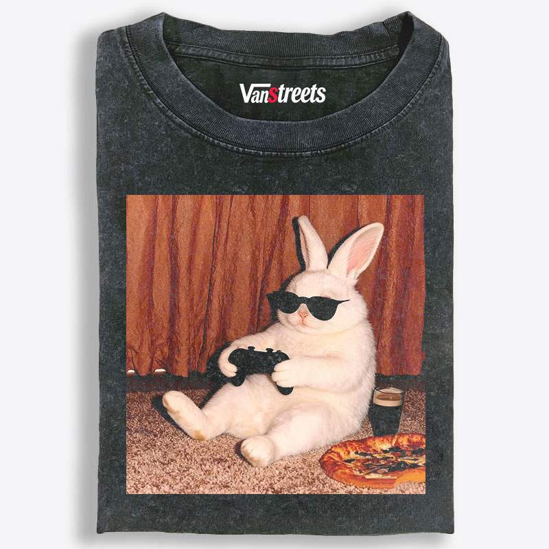 Gamer Rabbit Playing Video Game Retro Washed T-Shirt | 100% Cotton | Streetwear Essential