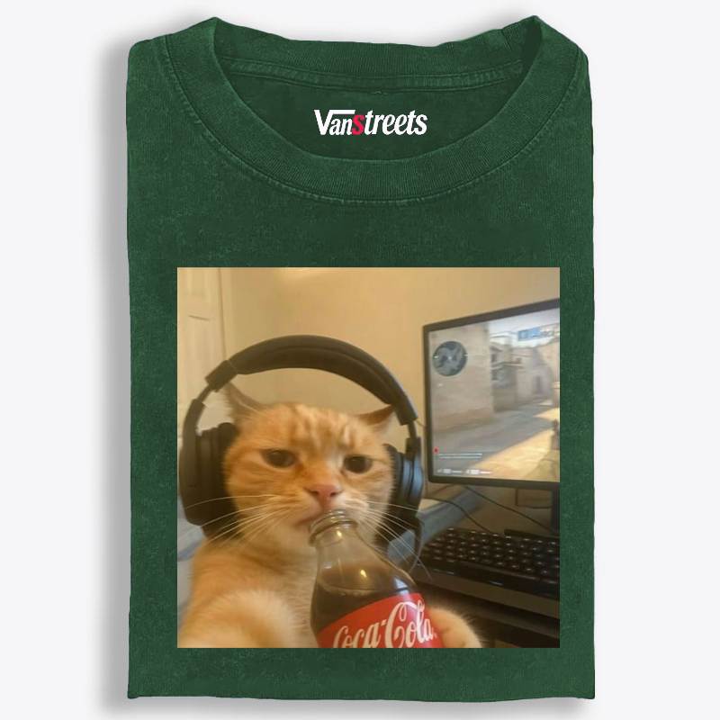 Gaming Cat with Coca-Cola Retro Washed T-Shirt | 100% Cotton | Streetwear Essential