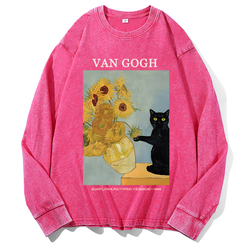 Playful Cat Meets Van Gogh Sunflowers Retro Washed Long Sleeve T-Shirt