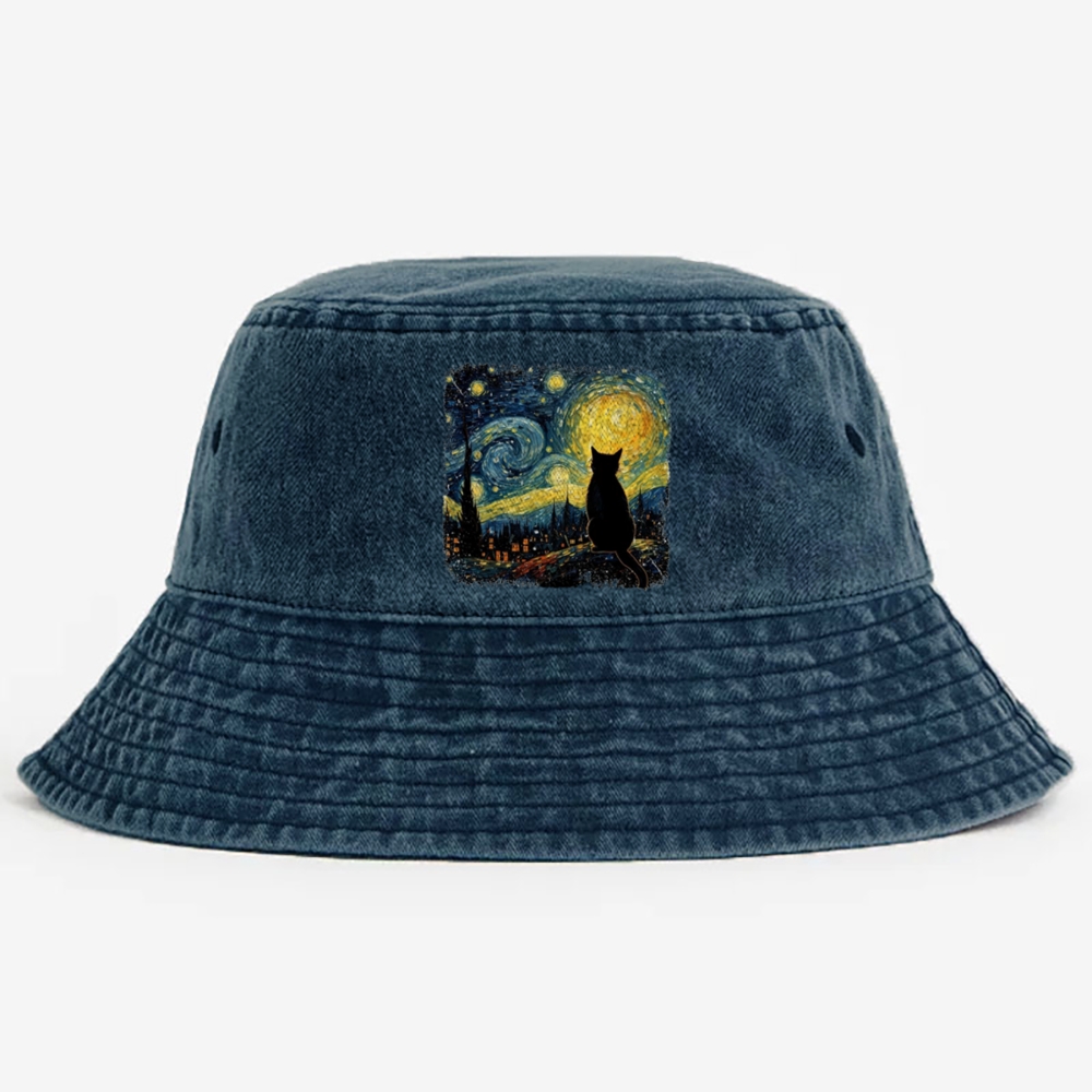Van Gogh Starry Night Cat Retro Vintage Washed Bucket Hat