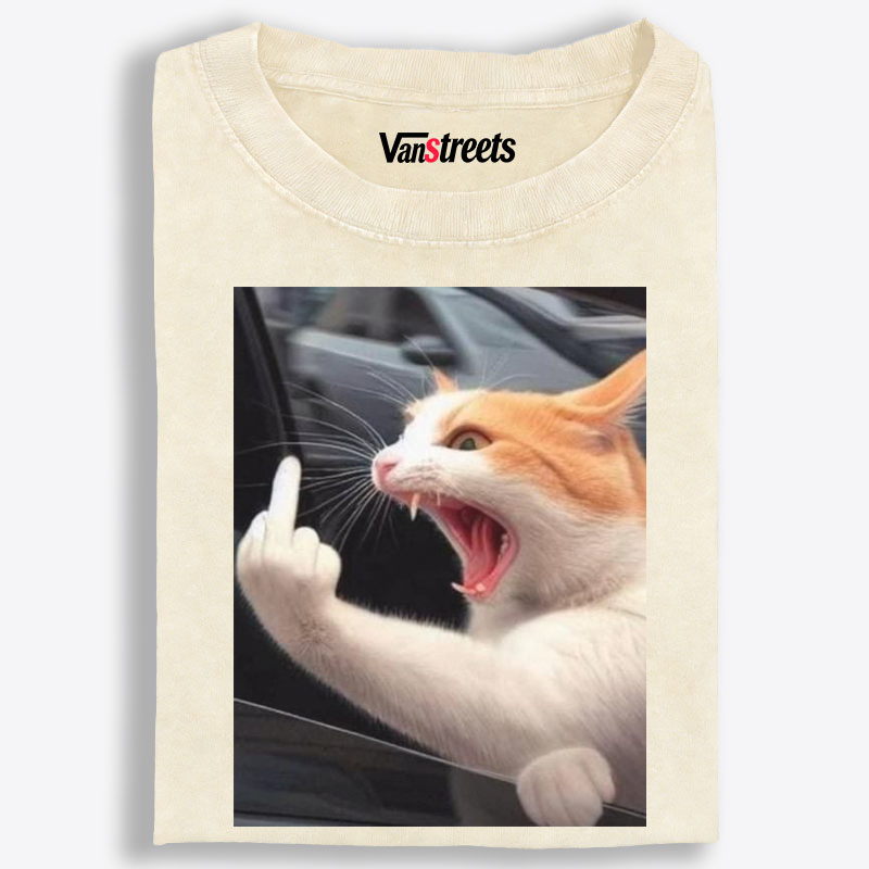 Middle Finger Cat Meme Retro Washed T-Shirt | 100% Cotton | Streetwear Essential