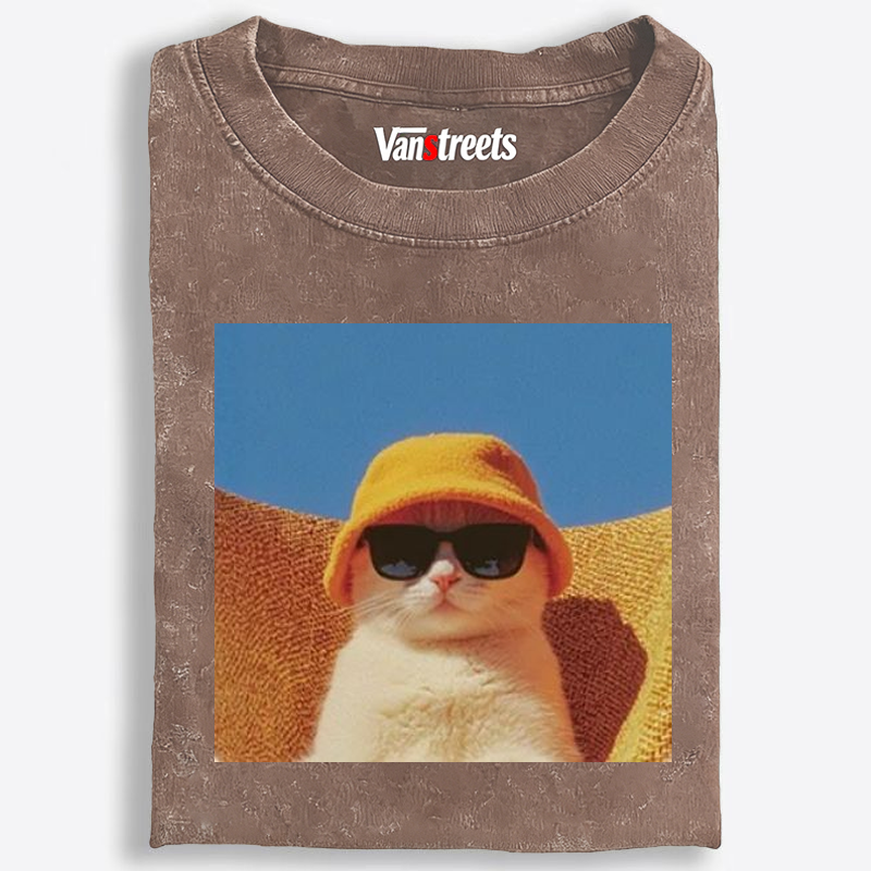 Cool Cat In Yellow Bucket Hat Streetwear Retro Washed T-Shirt | 100% Cotton | Streetwear Essential