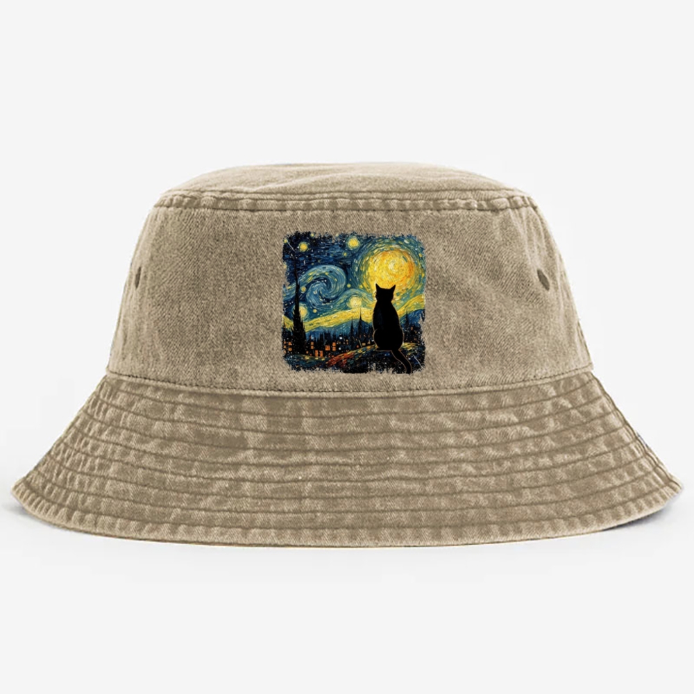 Van Gogh Starry Night Cat Retro Vintage Washed Bucket Hat