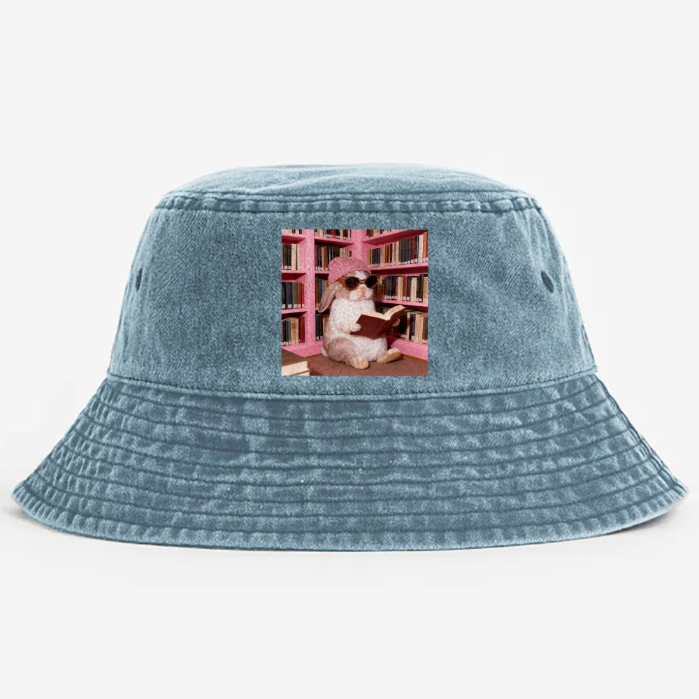 Bunny Bookish Rabbit Retro Vintage Washed Bucket Hat