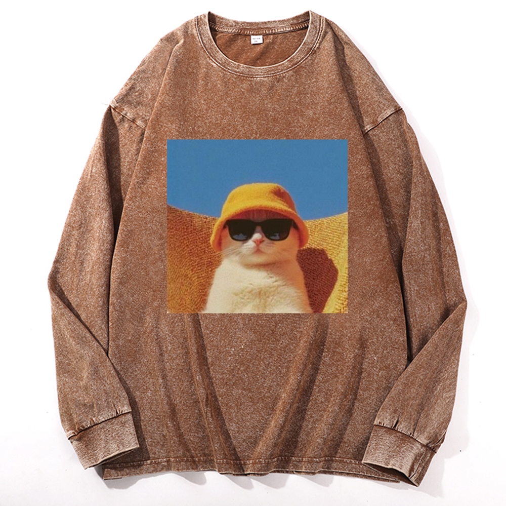 Cool Cat In Yellow Bucket Hat Streetwear Retro Washed Long Sleeve T-Shirt