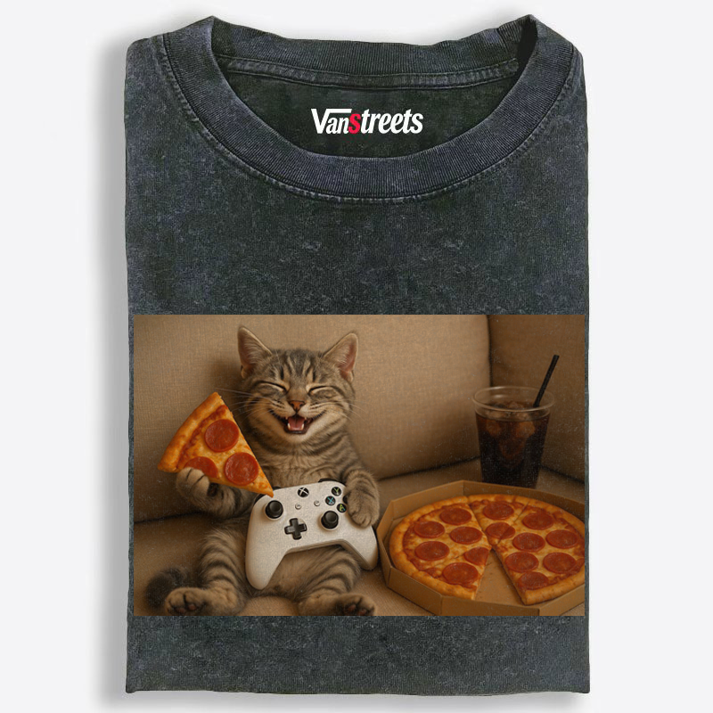 Purr-fect Gaming & Pizza Vibes Washed T-Shirt | 100% Cotton | Streetwear Essential
