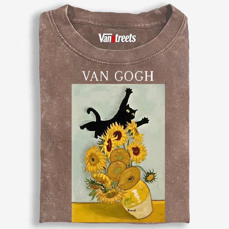 Funny Van Gogh Art Cat Graphic Washed T-Shirt | 100% Cotton | Streetwear Essential