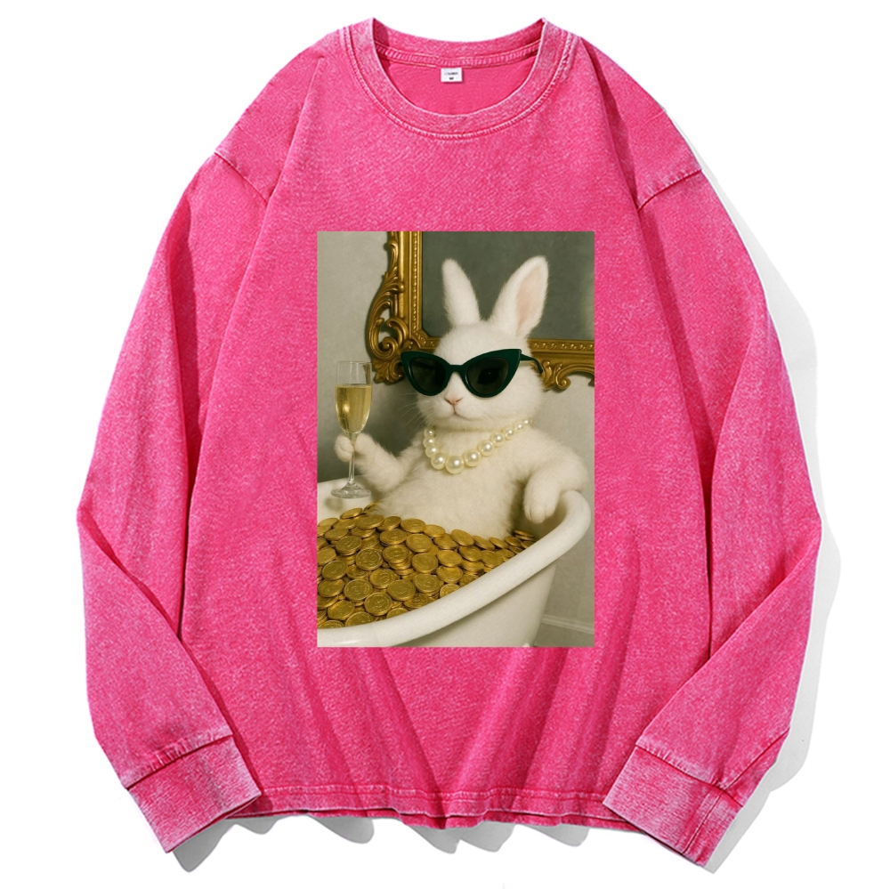 Bathtub Gold Coins Bunny Retro Washed Long Sleeve T-Shirt