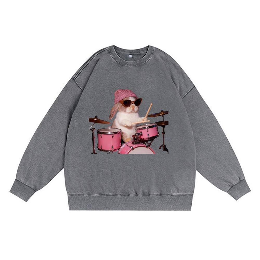 Bunny Rockin' Bunny Retro Premium Washed Cotton Crewneck Sweatshirt