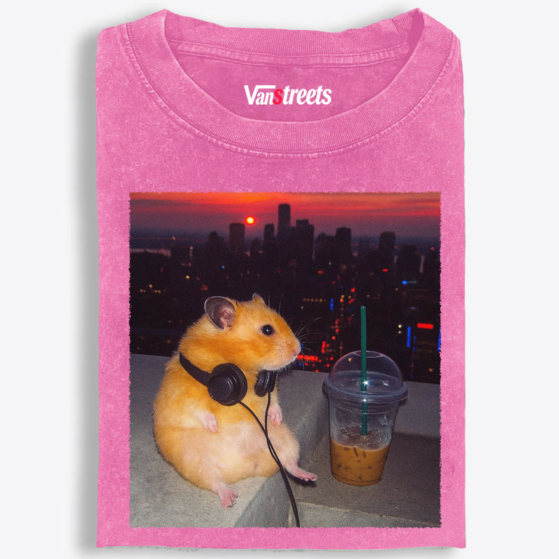 City Sunset Hamster Graphic Washed T-Shirt | 100% Cotton | Streetwear Essential