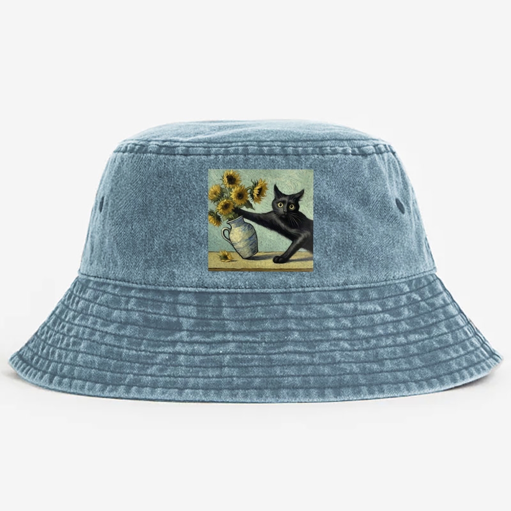 Van Gogh's Cat with Sunflowers Retro Vintage Washed Bucket Hat