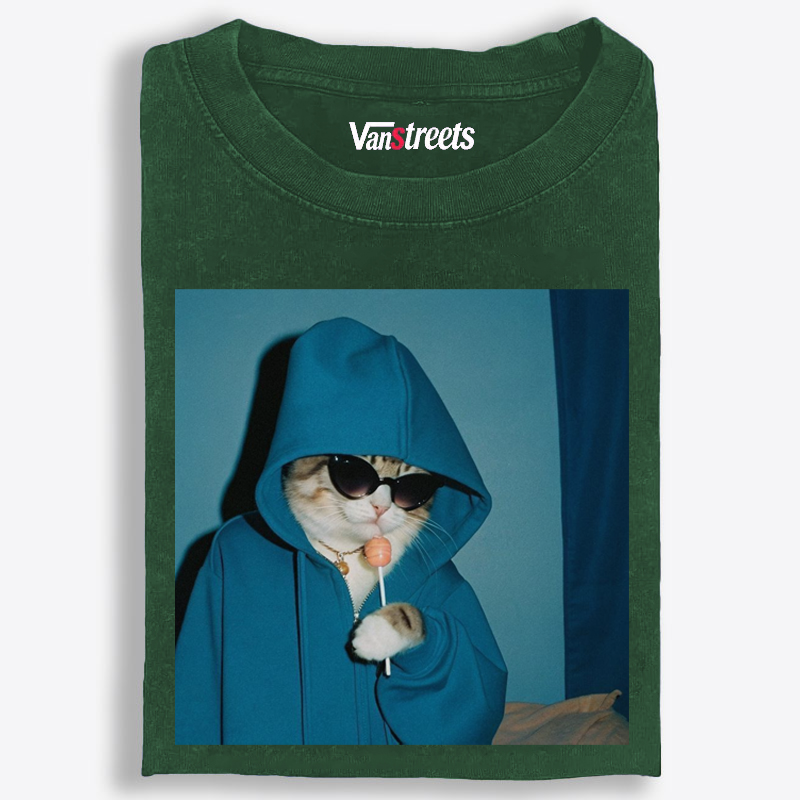 Hoodie Cat with Lollipop Cool Guy Retro Washed T-Shirt | 100% Cotton | Streetwear Essential