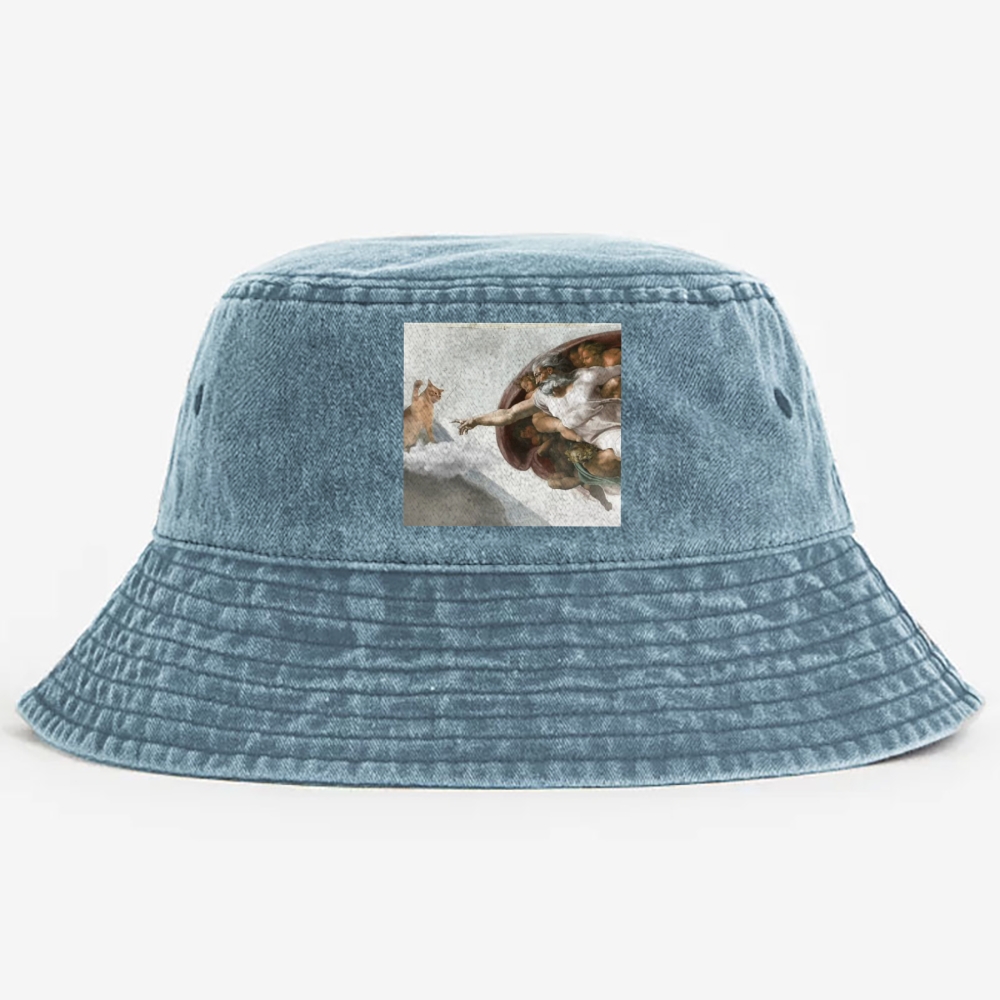 Cat Parody of "The Creation of Adam" Art Retro Vintage Washed Bucket Hat