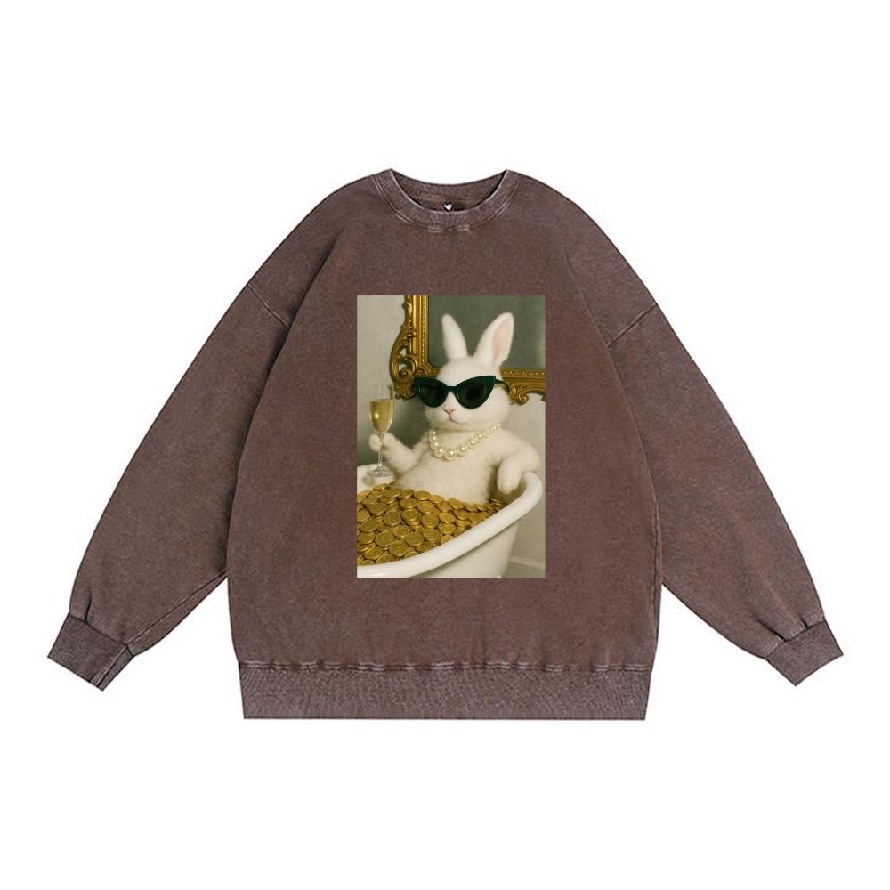 Bathtub Gold Coins Bunny Retro Premium Washed Cotton Crewneck Sweatshirt
