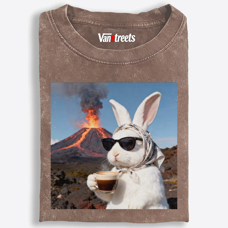 Volcano Coffee Bunny Retro Washed T-Shirt | 100% Cotton | Streetwear Essential