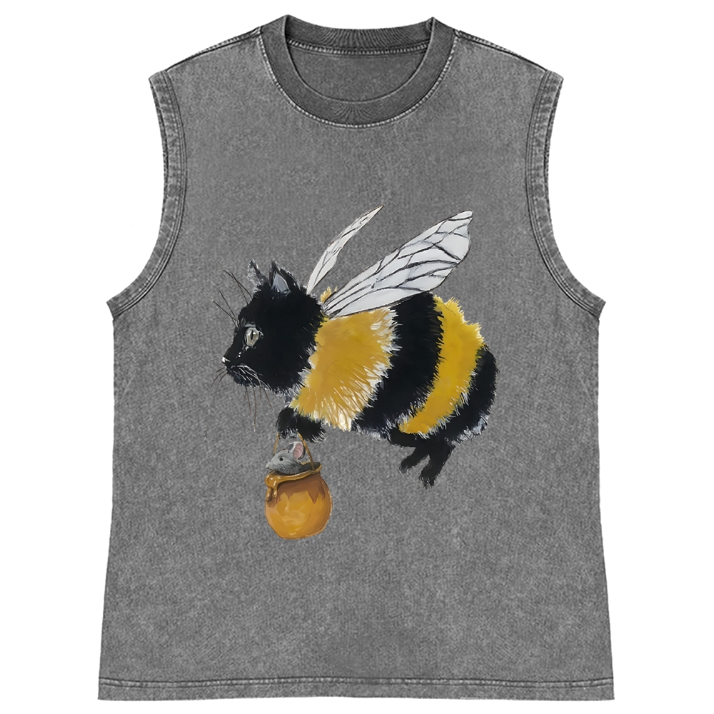 Bee Cat Catching Mouse Retro Washed Tank Top