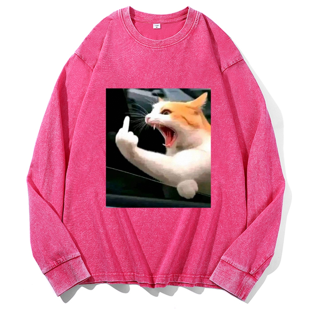 Middle Finger Cat Meme Retro Washed Long Sleeve T-Shirt