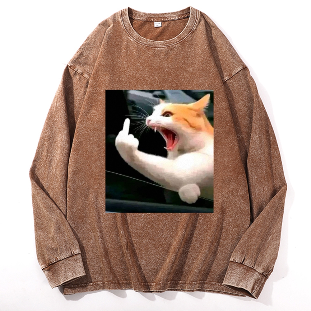 Middle Finger Cat Meme Retro Washed Long Sleeve T-Shirt