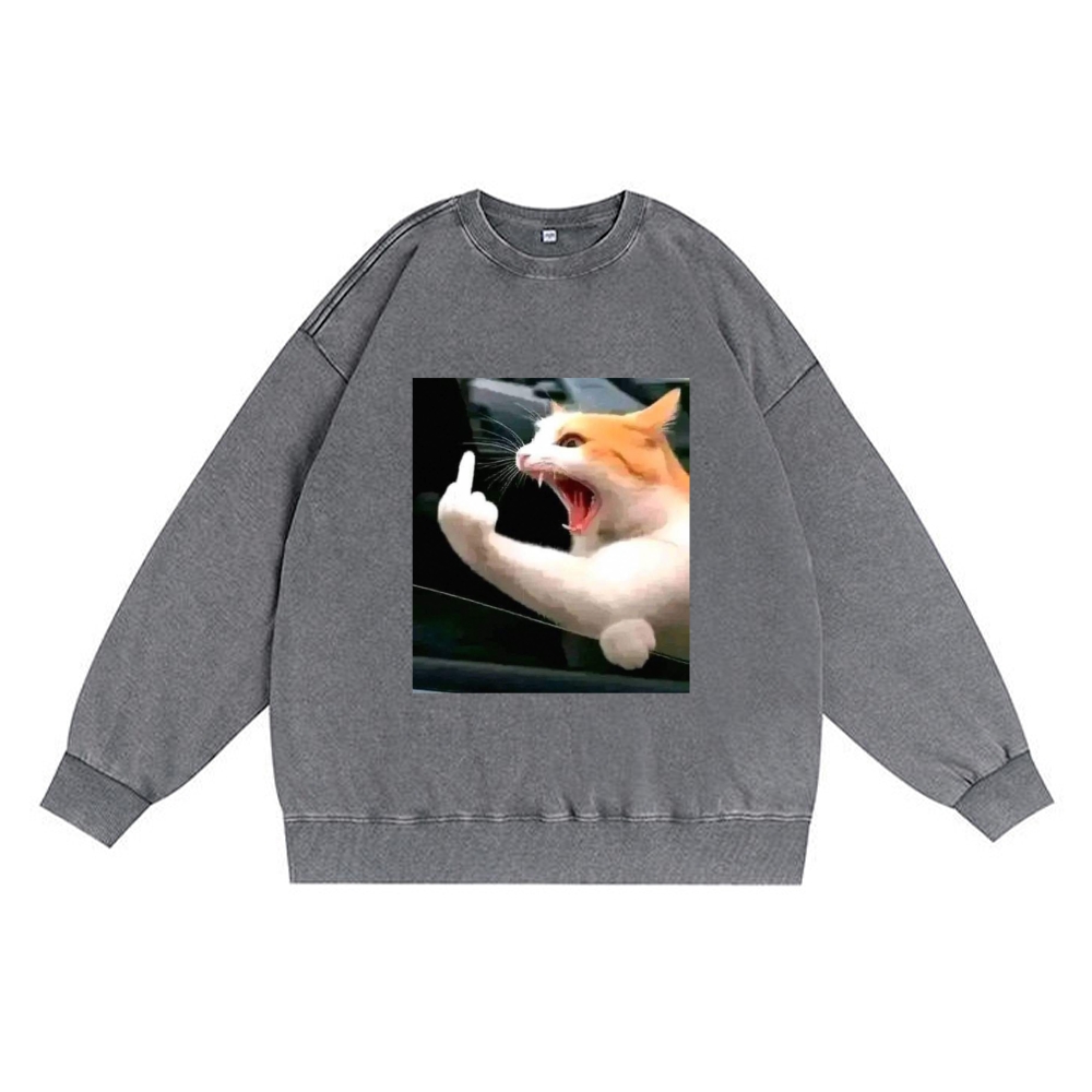 Middle Finger Cat Meme Retro Washed Sweatshirt