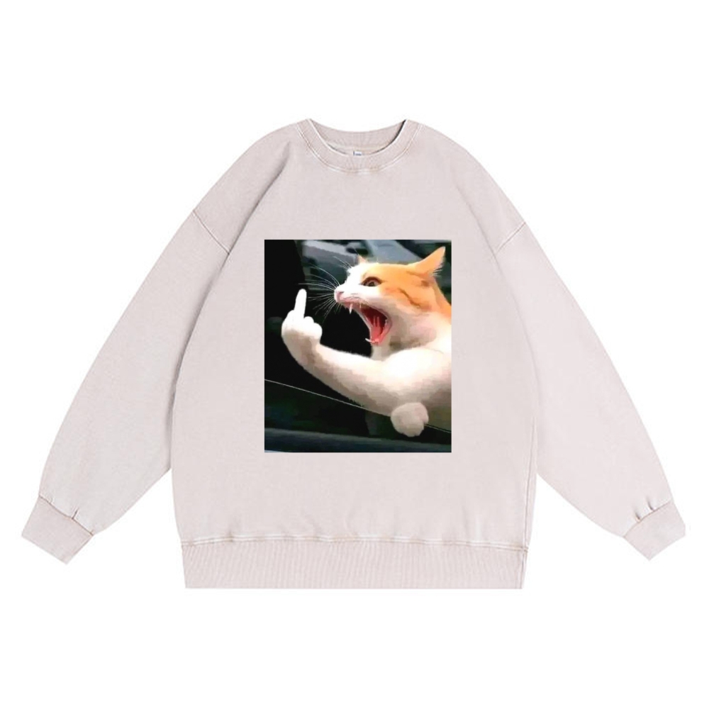 Middle Finger Cat Meme Retro Washed Sweatshirt