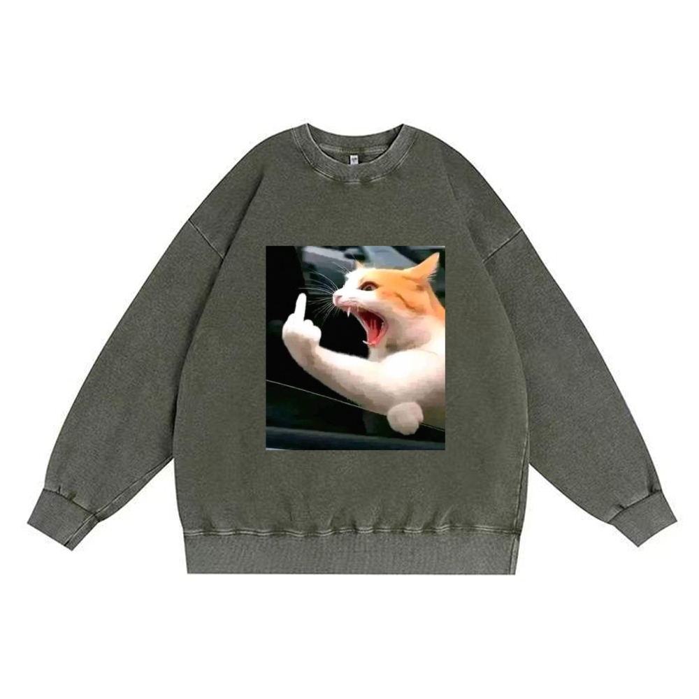 Middle Finger Cat Meme Retro Washed Sweatshirt