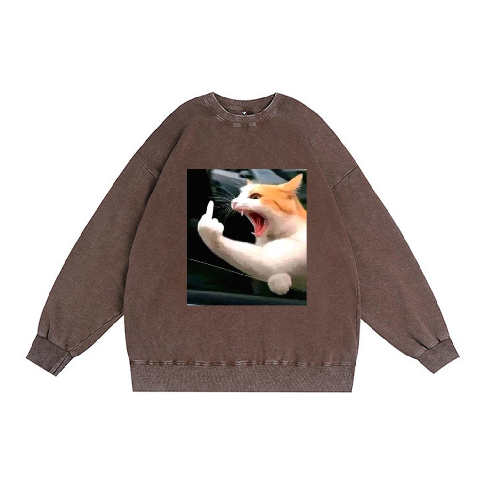 Middle Finger Cat Meme Retro Washed Sweatshirt