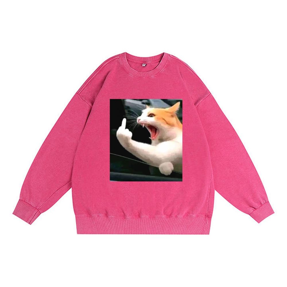 Middle Finger Cat Meme Retro Washed Sweatshirt