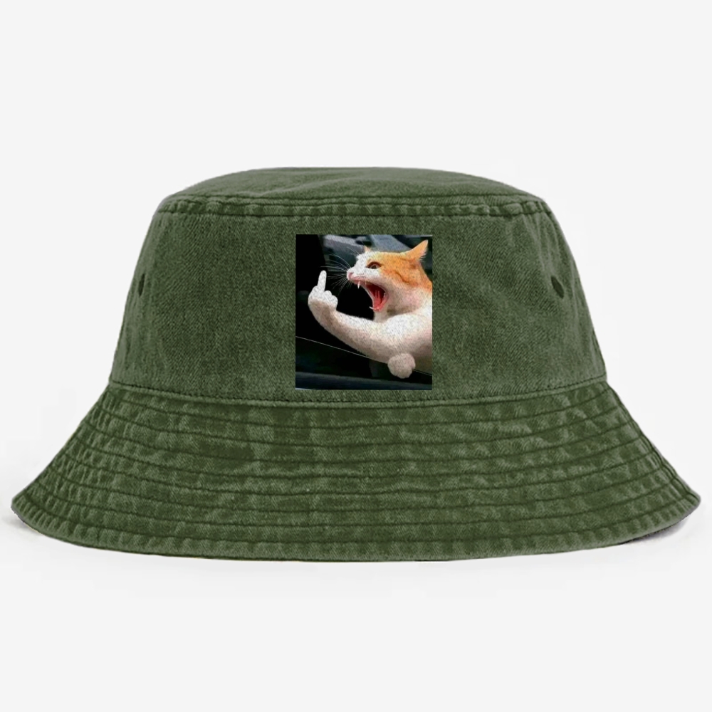 Middle Finger Cat Meme Retro Washed Bucket Hat
