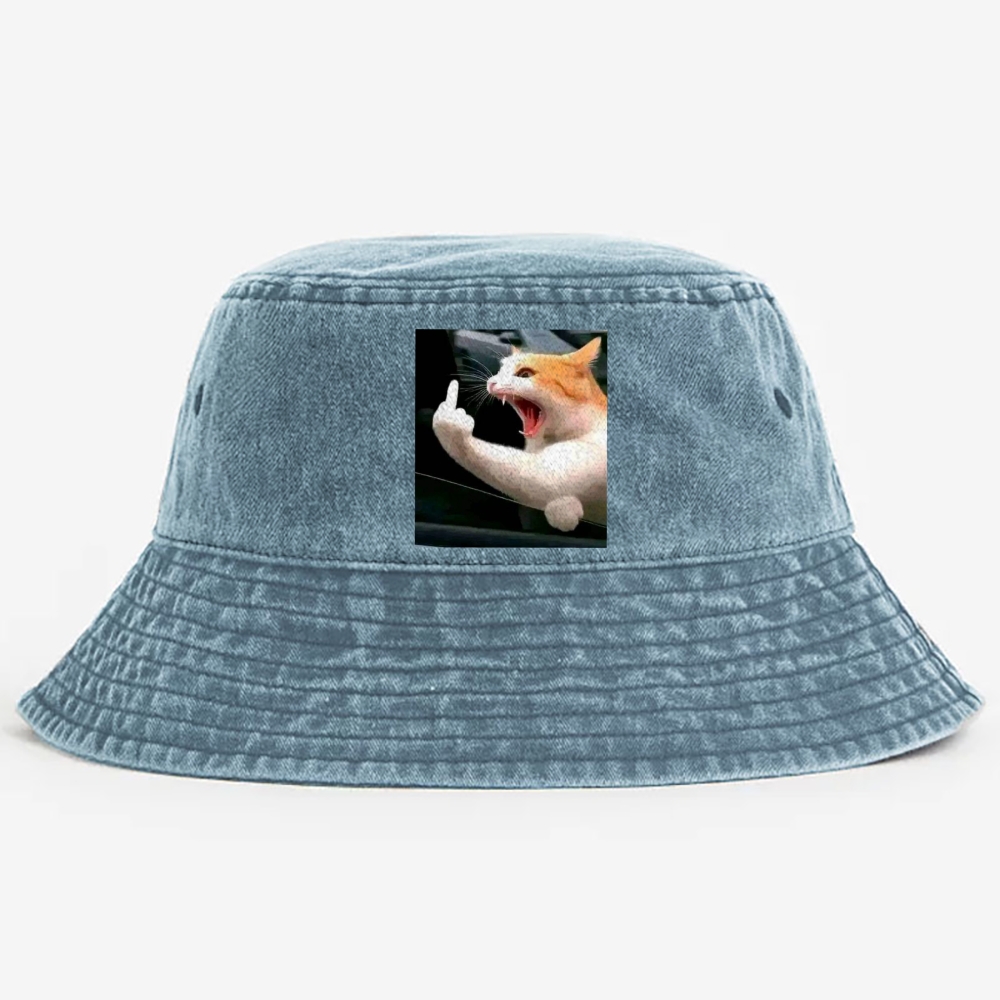 Middle Finger Cat Meme Retro Washed Bucket Hat