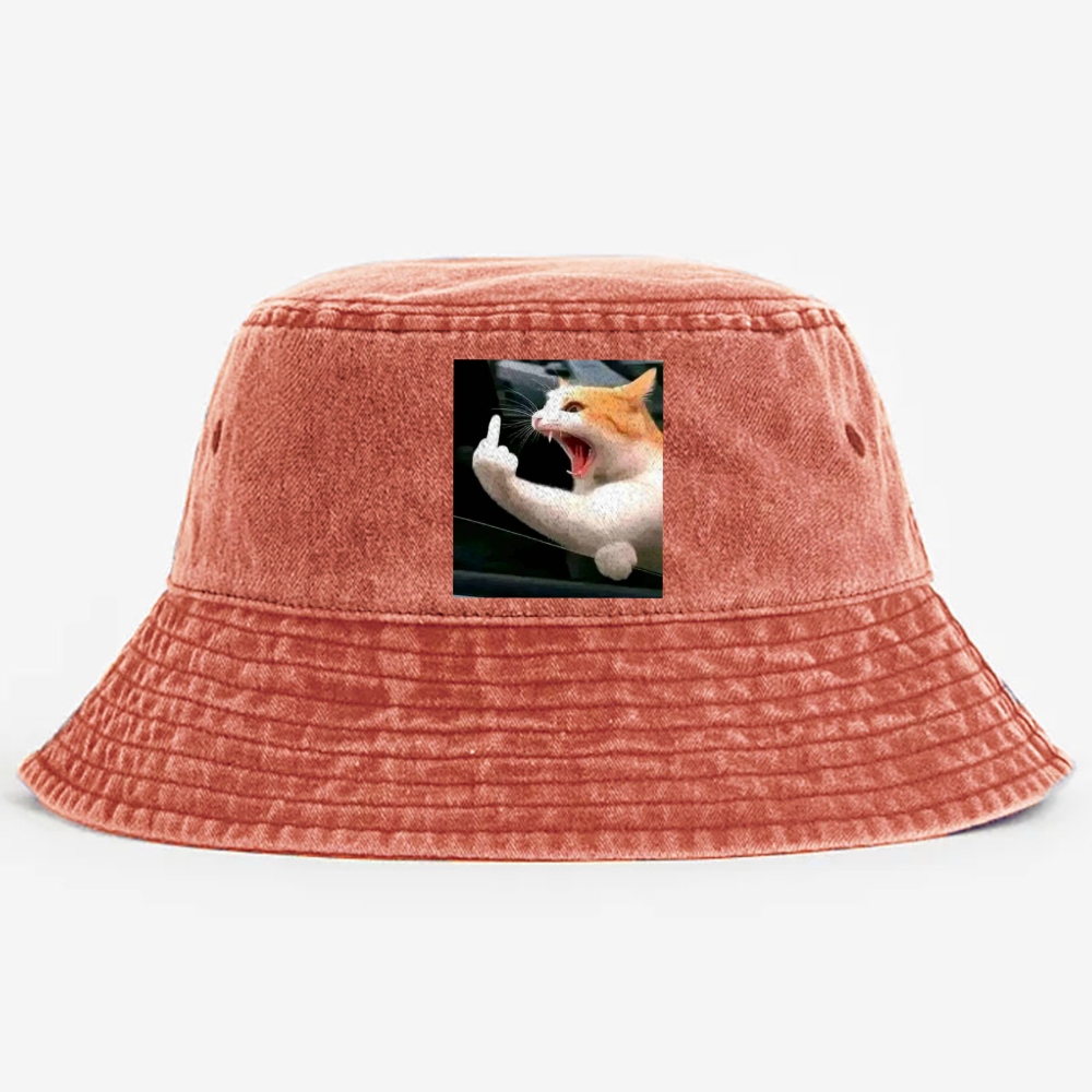 Middle Finger Cat Meme Retro Washed Bucket Hat