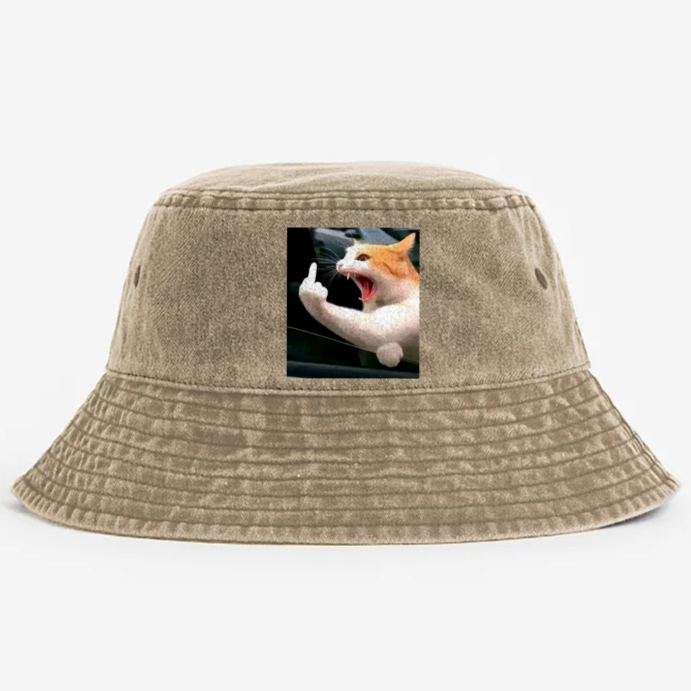 Middle Finger Cat Meme Retro Washed Bucket Hat