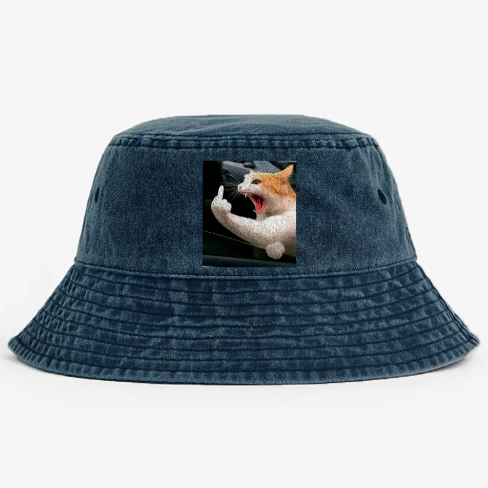 Middle Finger Cat Meme Retro Washed Bucket Hat