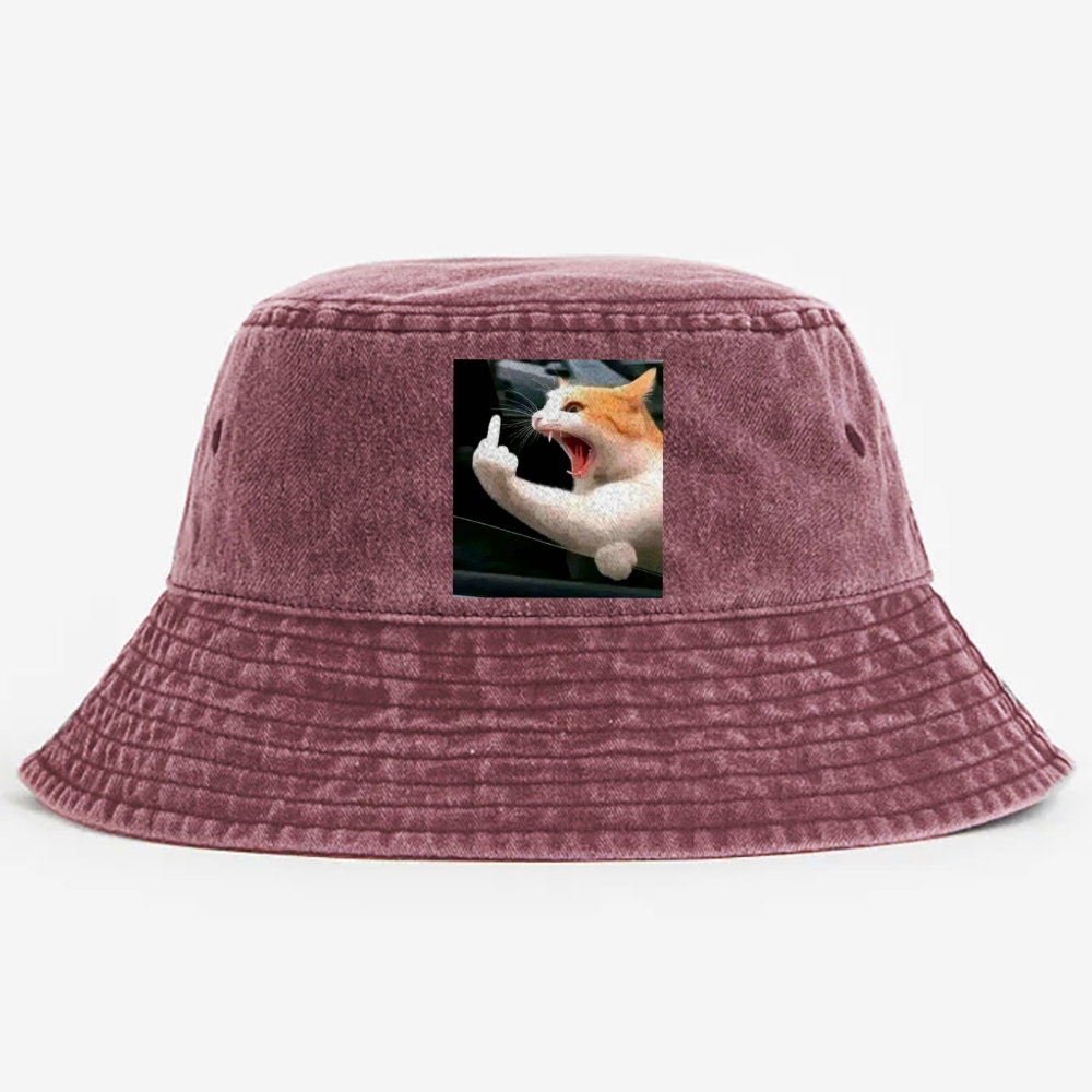 Middle Finger Cat Meme Retro Washed Bucket Hat