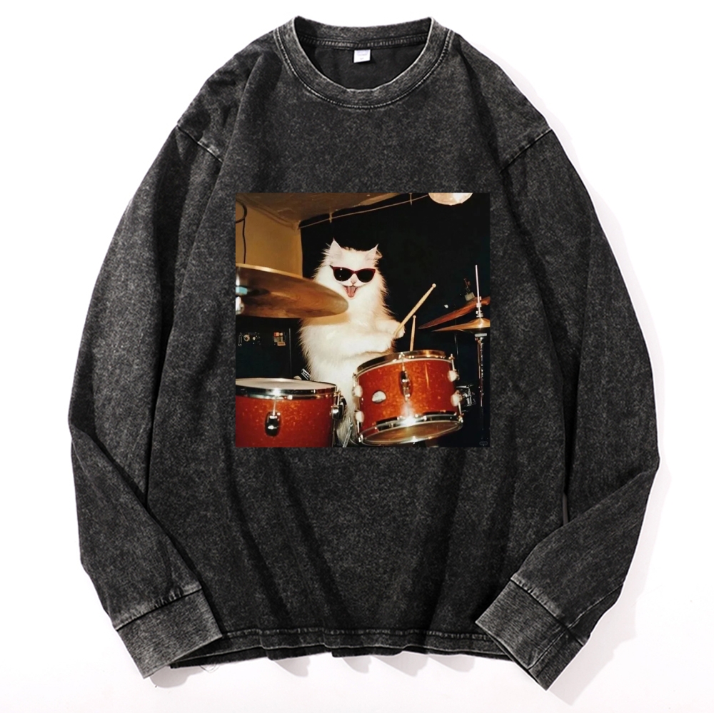 Rock And Roll Cat Drummer Meme Retro Washed Long Sleeve T-Shirt