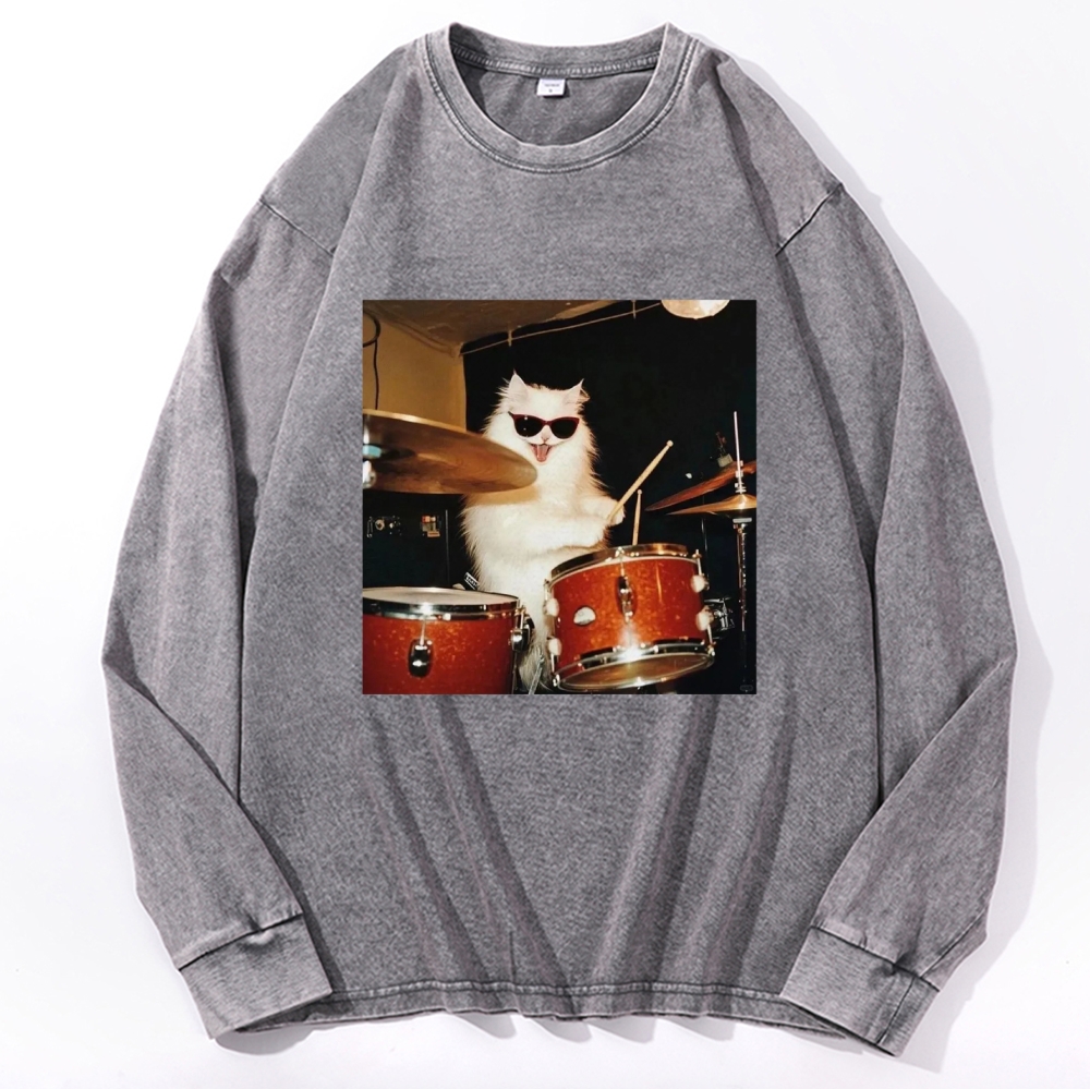 Rock And Roll Cat Drummer Meme Retro Washed Long Sleeve T-Shirt