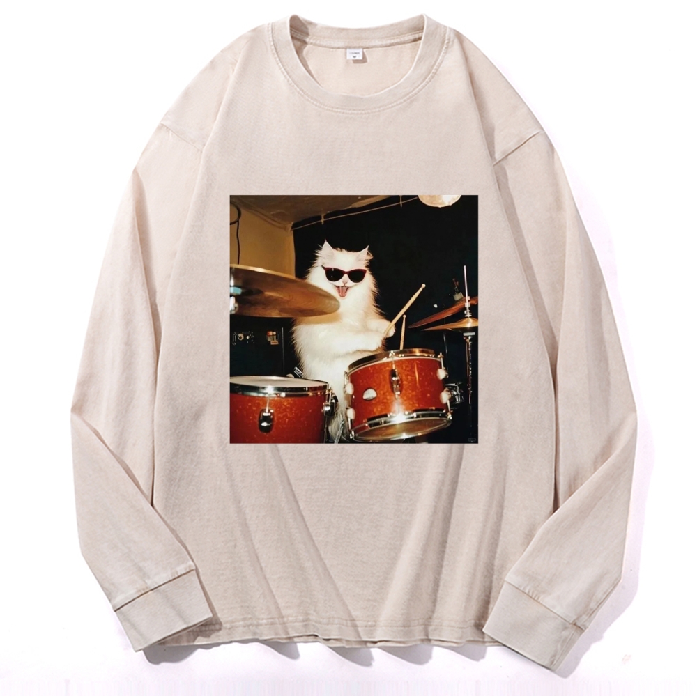 Rock And Roll Cat Drummer Meme Retro Washed Long Sleeve T-Shirt