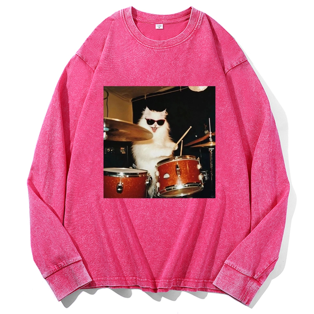 Rock And Roll Cat Drummer Meme Retro Washed Long Sleeve T-Shirt