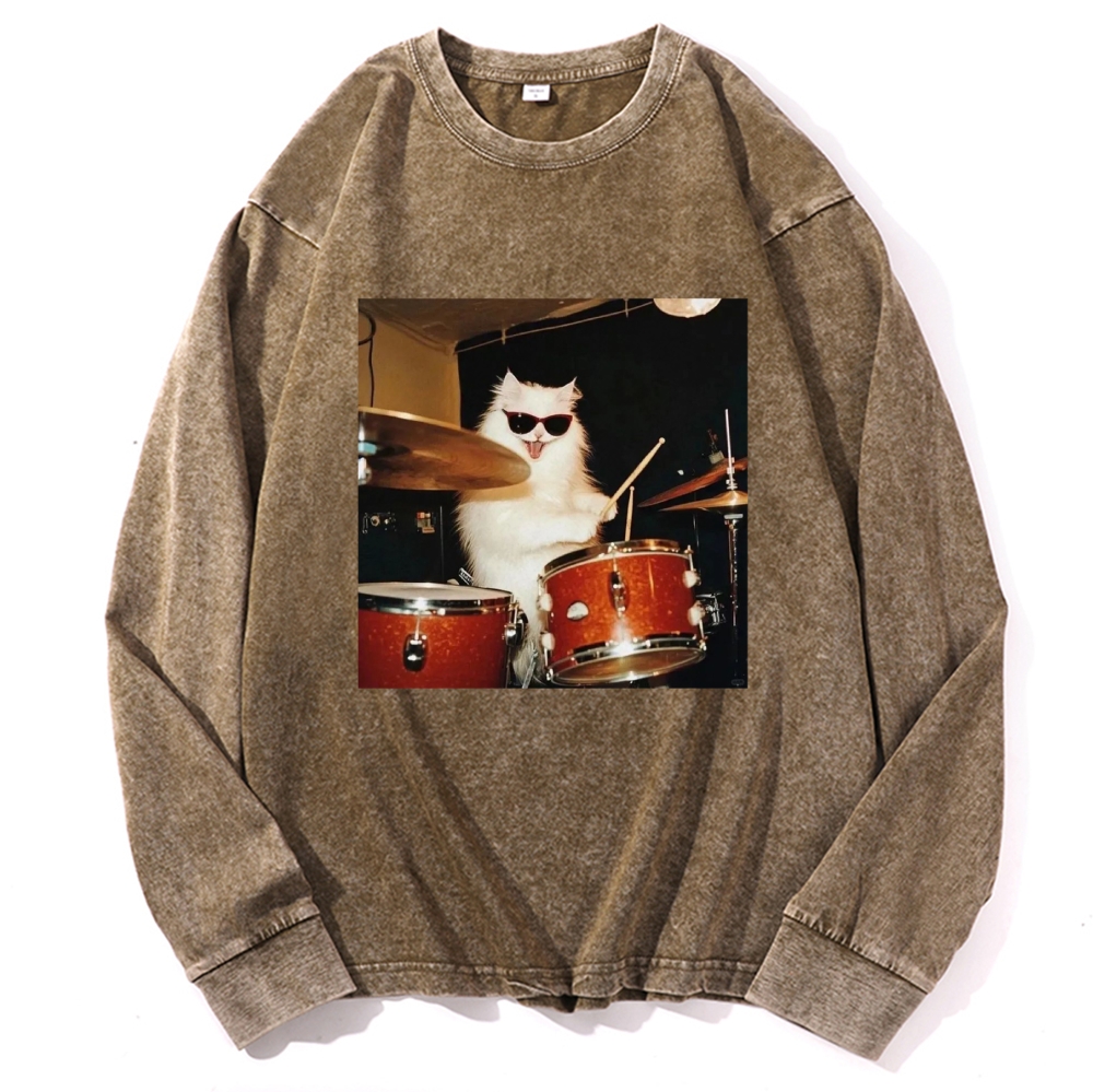 Rock And Roll Cat Drummer Meme Retro Washed Long Sleeve T-Shirt
