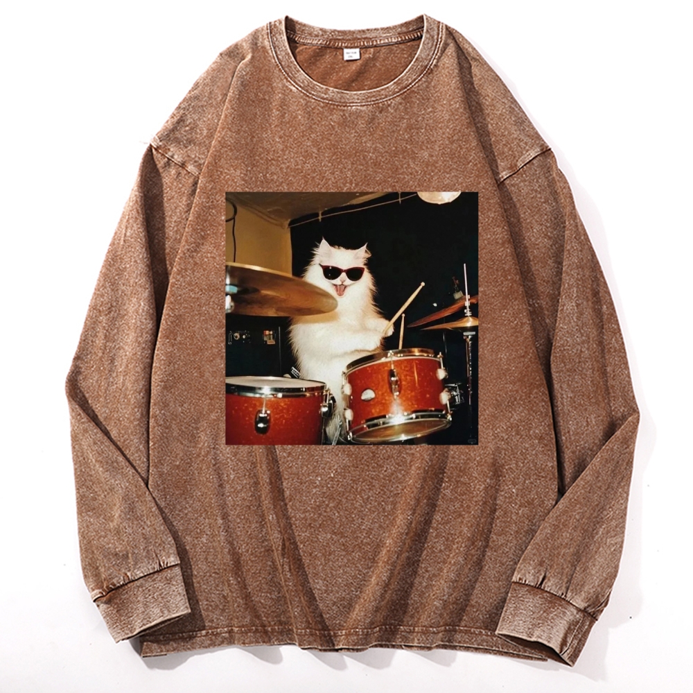 Rock And Roll Cat Drummer Meme Retro Washed Long Sleeve T-Shirt